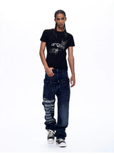 Men's Washed Blue Double Waistband Jeans