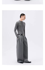 Grey Striped Wide Leg Lyocell Pants