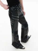 Black Zipped Coated Flared Leather Pants