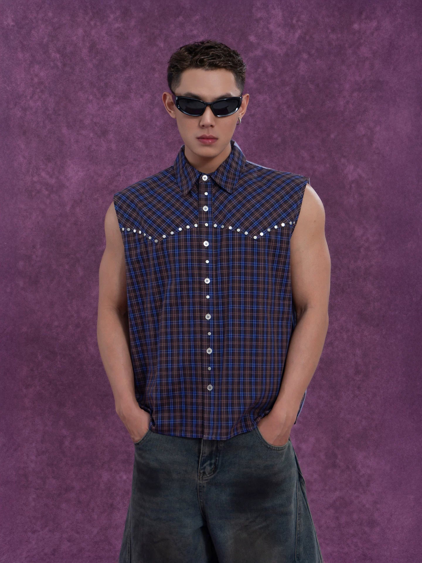 Men's Plaid Striped Patchwork Rivet Vest