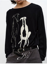 Drop Shoulder Dog Jacquard Cotton Sweater