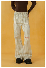 Men's Vintage White Sickle-Print Flare Jeans
