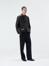 Short Stand Collar Cowhide Leather Jacket