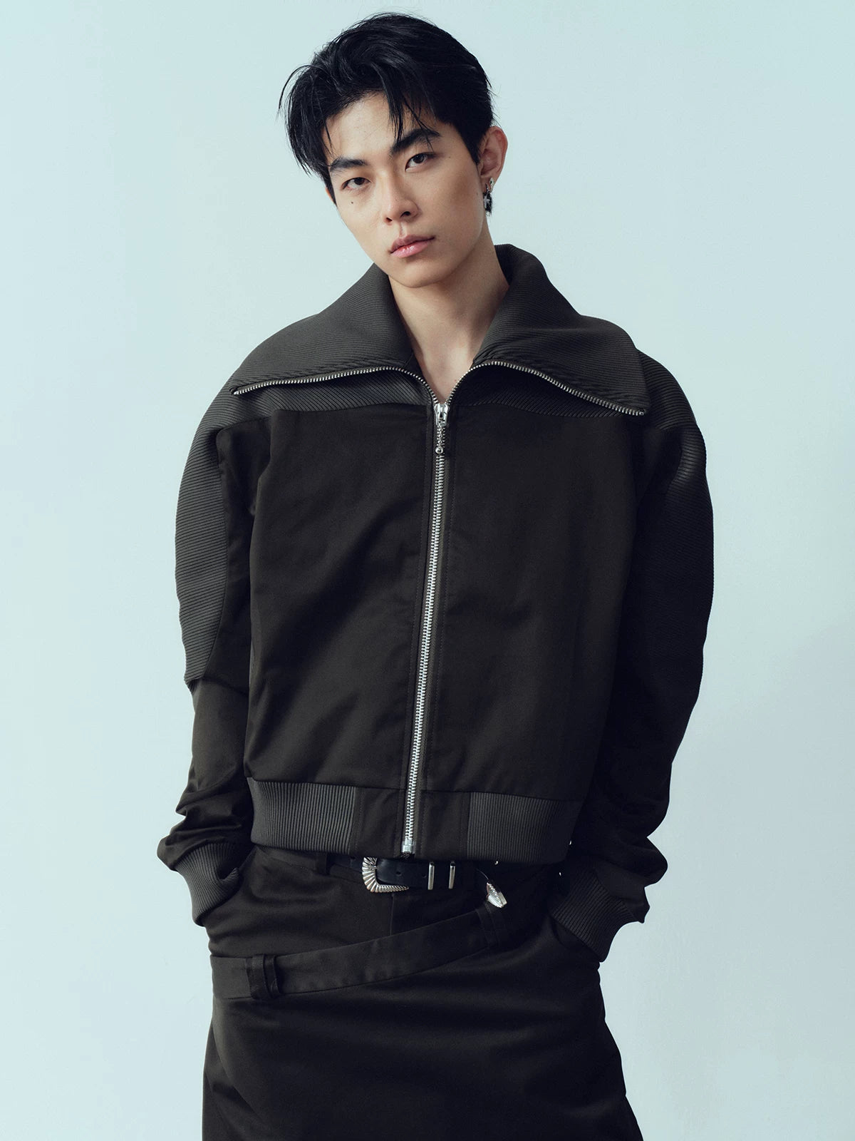 Army Green Ribbed Zip Lapel Jacket