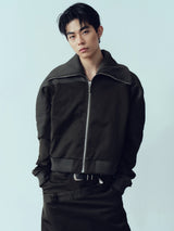 Army Green Ribbed Zip Lapel Jacket