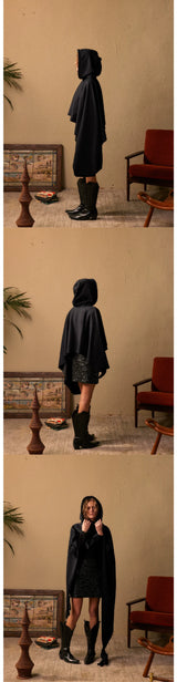 Dark Bat-Sleeve Hooded Cloak Coat