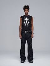 Stretchy Black Printed Ribbed Tank Top