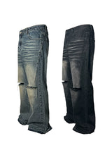 Two-Tone Distressed Wide Leg Flared Jeans
