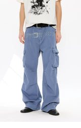 Washed Printed French Blue Cargo Pants