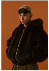 Black Red Hooded Faux Fur Coat