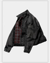Washed Grey Plaid Lined Denim Jacket