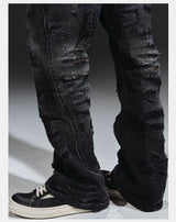 Flared Washed Distressed Patchwork Jeans