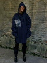 Loose Cutout Detachable Hooded Printed Shirt