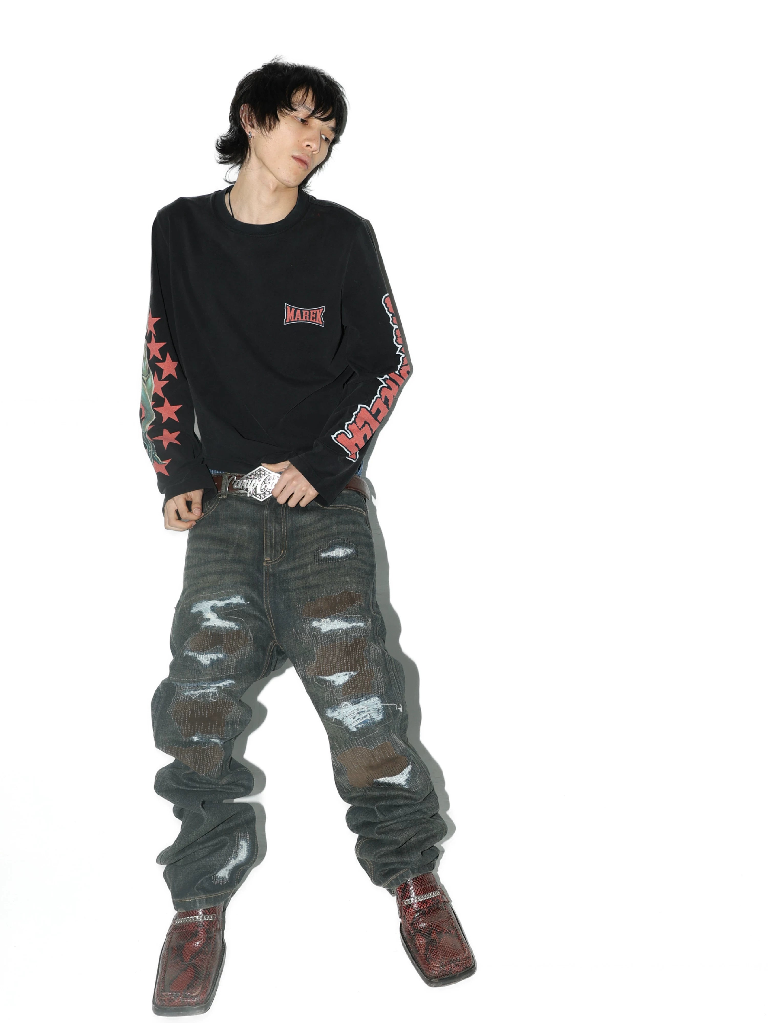 Black Distressed Leather Patch Straight-Leg Jeans