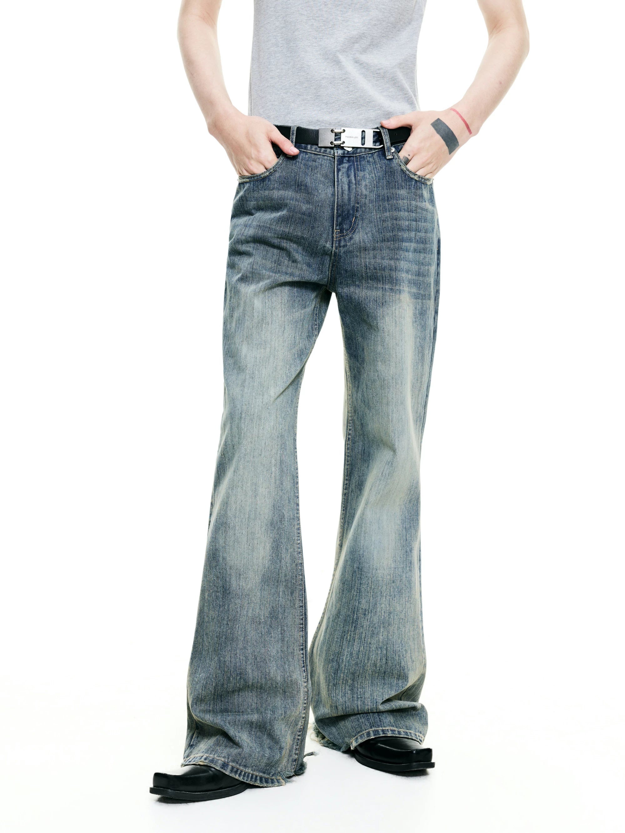 Casual Slub Distressed Flared Denim Pants