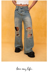 Men's Blue Distressed Wide Leg Jeans