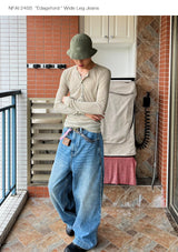 Wide Leg Cuffed Washed Jeans
