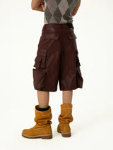 Men's Black Red PU Cargo Shorts