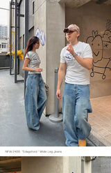 Wide Leg Cuffed Washed Jeans