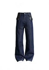 Navy Embossed PU Patchwork Flared Jeans