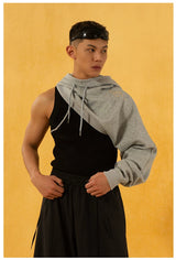 Off-White Single-sleeve Off-shoulder Loose Crop Hoodie
