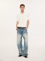 Wheat Jacquard V-Neck Knit Polo Tee