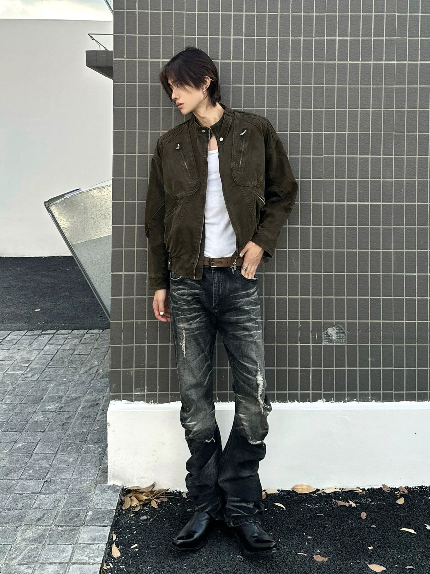 Curved Leg Stretchy Washed Distressed Jeans