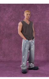 Men's Light Blue Sequined Baggy Jeans