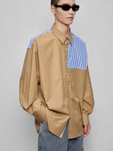 Color-block Striped Cotton Pocket Shirt