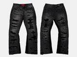 Flared Washed Distressed Patchwork Jeans