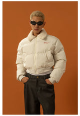 Cropped Collared Faux Shearling Puffer Coat