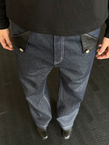 Navy Embossed PU Patchwork Flared Jeans