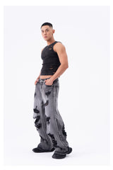 Men's Ripped Baggy Straight Charcoal Jeans