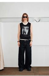 Men's Sleeveless Printed Linen-like Zip Vest