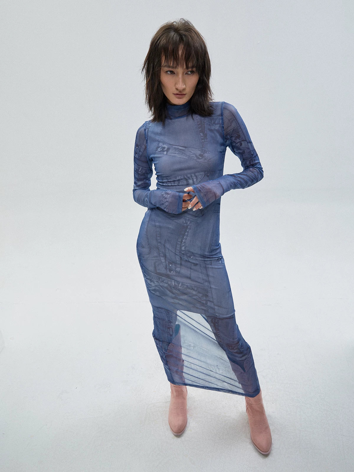 Denim Printed Long Sleeve Mesh Dress
