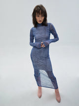 Denim Printed Long Sleeve Mesh Dress