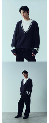 Distressed Striped Lace V-Neck Wool Sweater