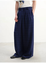 Blue-Black Plaid Pleated Casual Pants