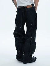 Asymmetric Pleated Studded Raw Denim Jeans