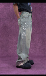 Men's Vintage Light Blue Sequined Jeans
