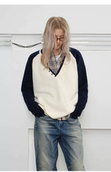 Men's Loose Colorblock V-neck Wool Sweater