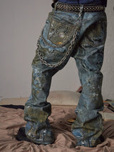 Relaxed Distressed Chain Digital Print Jeans