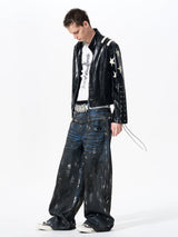 Men's Cropped Star Leather Biker Jacket