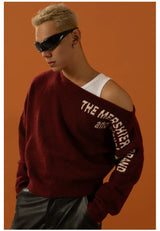 Unisex Black Red Grey Off-shoulder Sweater