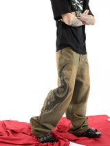 Heavy Washed Bamboo Print Baggy Jeans