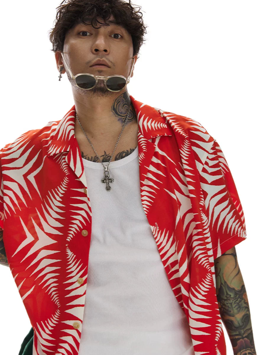 Red White Short Sleeve Cuban Shirt