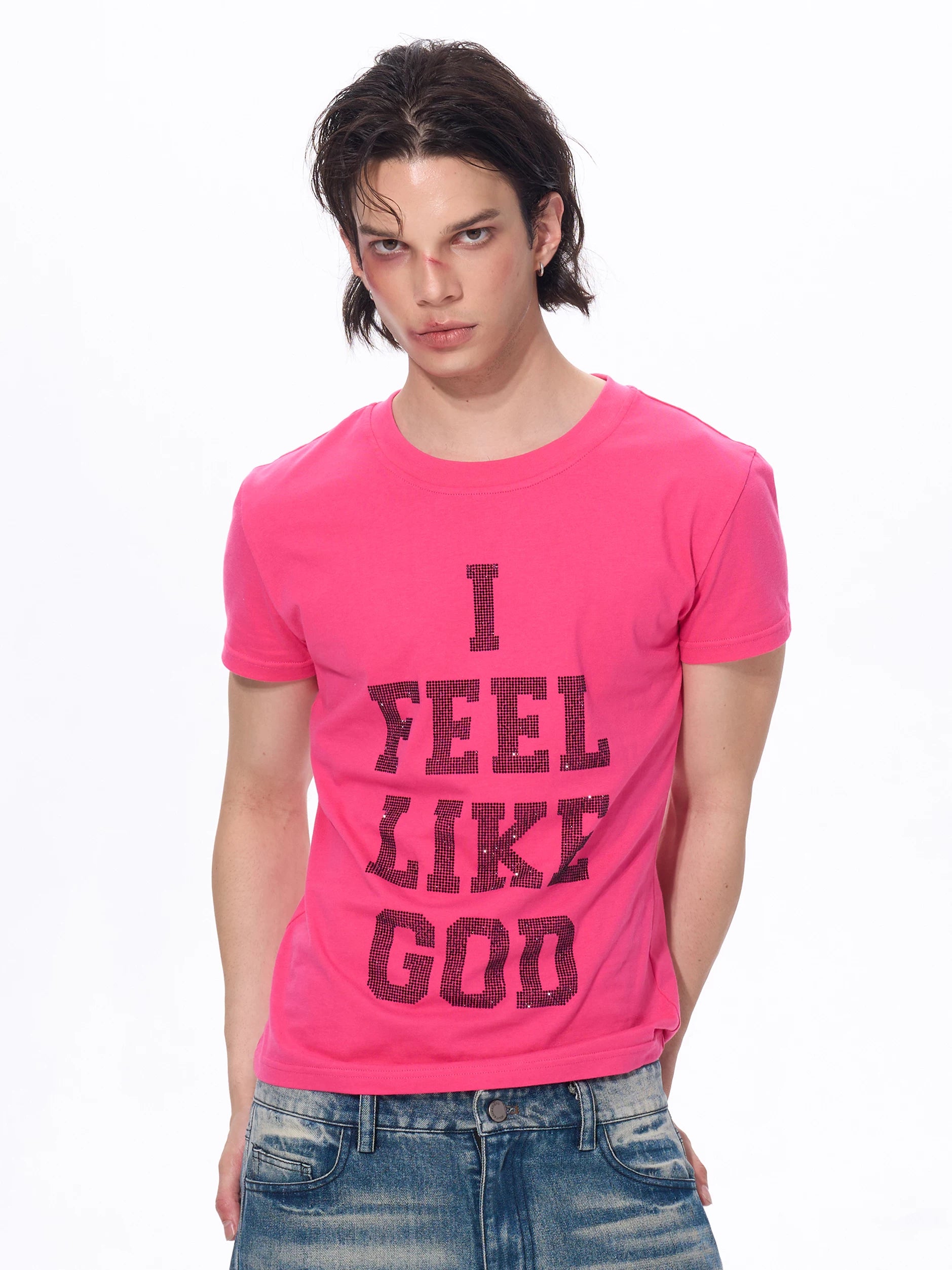 Men's Rhinestone Letter Crew Neck Tees
