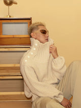 Men's Apricot Wool Side-buttoned Turtleneck Sweater