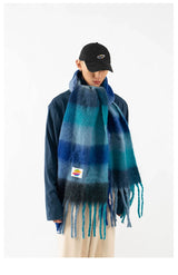 Fringed Rainbow Plaid Faux Cashmere Scarf