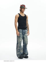 Ripped Spider Embroidered Straight Jeans